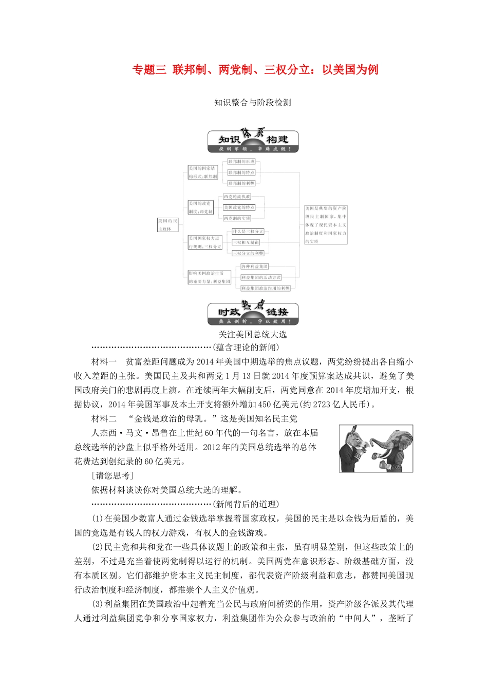 高中政治 专题三 联邦制、两党制、三权分立：以美国为例专题小结教学案 新人教版选修3-新人教版高二选修3政治教学案_第1页