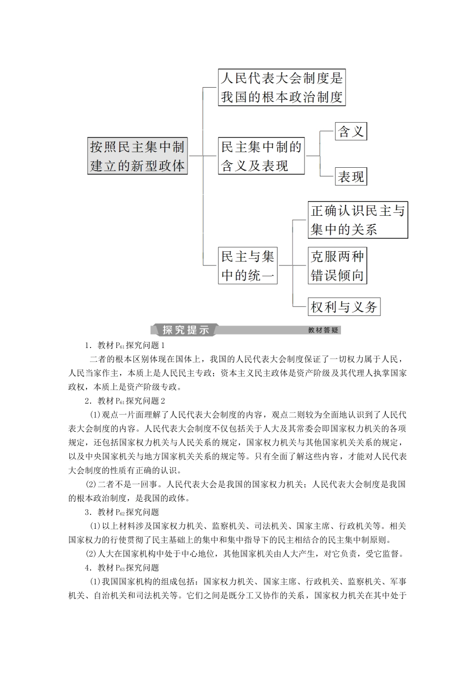高中政治 专题四 民主集中制 我国人民代表大会制度的组织和活动原则 第2框 按照民主集中制建立的新型政体学案 新人教版选修3-新人教版高二选修3政治学案_第3页