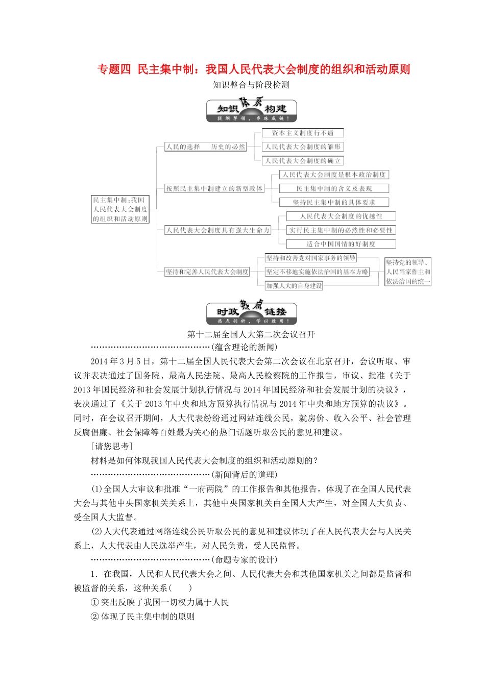 高中政治 专题四 民主集中制：我国人民代表大会制度的组织和活动原则专题小结教学案 新人教版选修3-新人教版高二选修3政治教学案_第1页