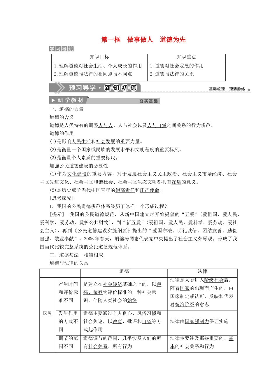 高中政治 专题一 公民道德建设 第一框 做事做人道德为先学案 新人教版选修6-新人教版高中选修6政治学案_第1页
