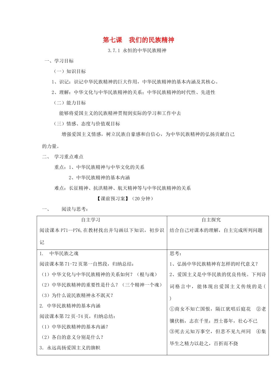 高中政治 第七课 我们的民族精神导学案 新人教版必修3-新人教版高二必修3政治学案_第1页