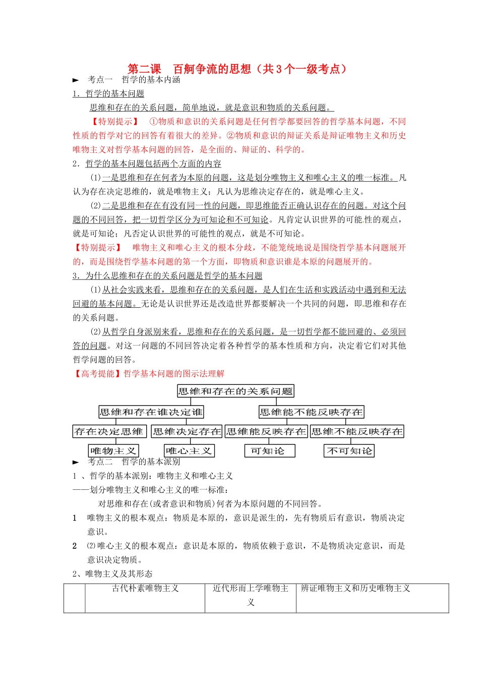 高中政治 第2课 百舸争流的思想学案 新人教版必修4-新人教版高二必修4政治学案_第1页