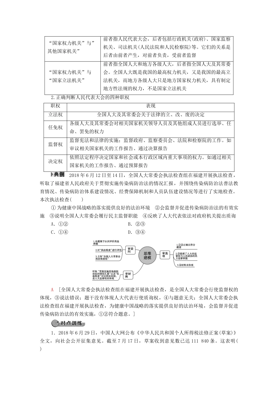 高中政治 第3单元 发展社会主义民主政治 第6课 我国的人民代表大会制度 第1框 人民代表大会：国家权力机关学案 新人教版必修2-新人教版高中必修2政治学案_第3页