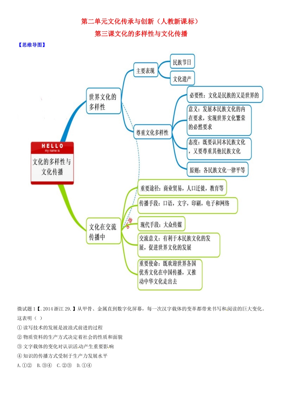 高中政治 第3课 文化的多样性与文化传播教材图解学案 新人教版必修3-新人教版高二必修3政治学案_第1页