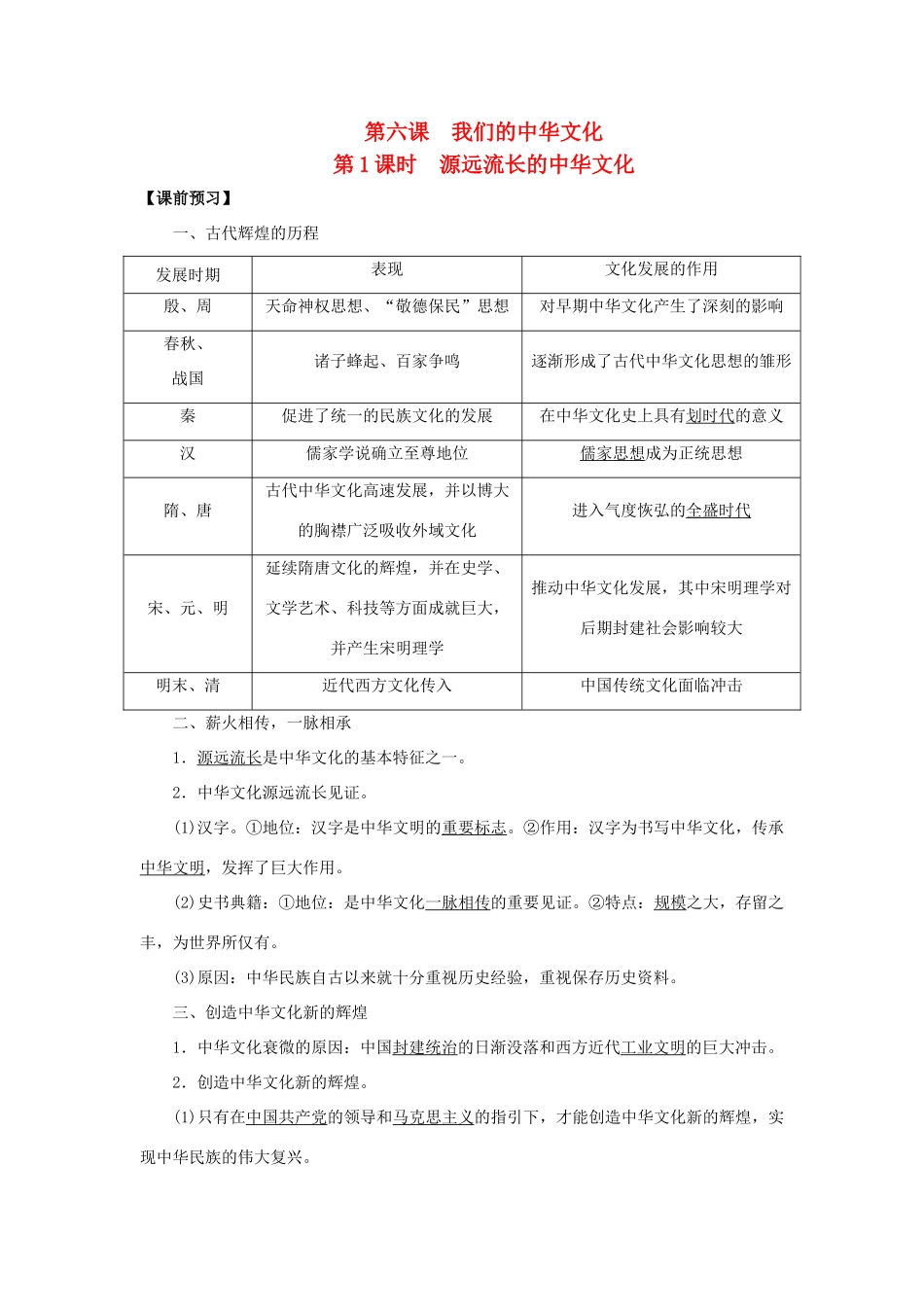 高中政治 第6课 我们的中华文化（第1课时）《源远流长的中华文化》学案 新人教版必修3-新人教版高二必修3政治学案_第1页