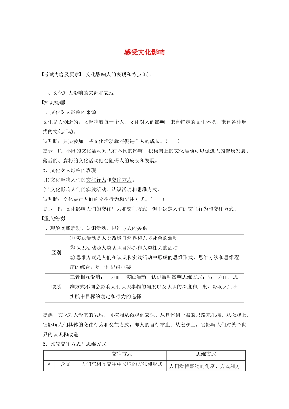 高中政治 第一单元 文化与生活 第二课 感受文化影响学案1 新人教版必修3-新人教版高二必修3政治学案_第1页