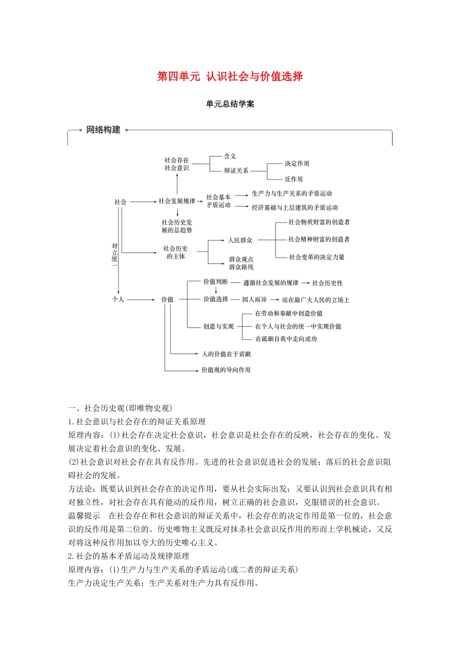 高中政治 第四单元 认识社会与价值选择单元总结学案 新人教版必修4-新人教版高二必修4政治学案_第1页