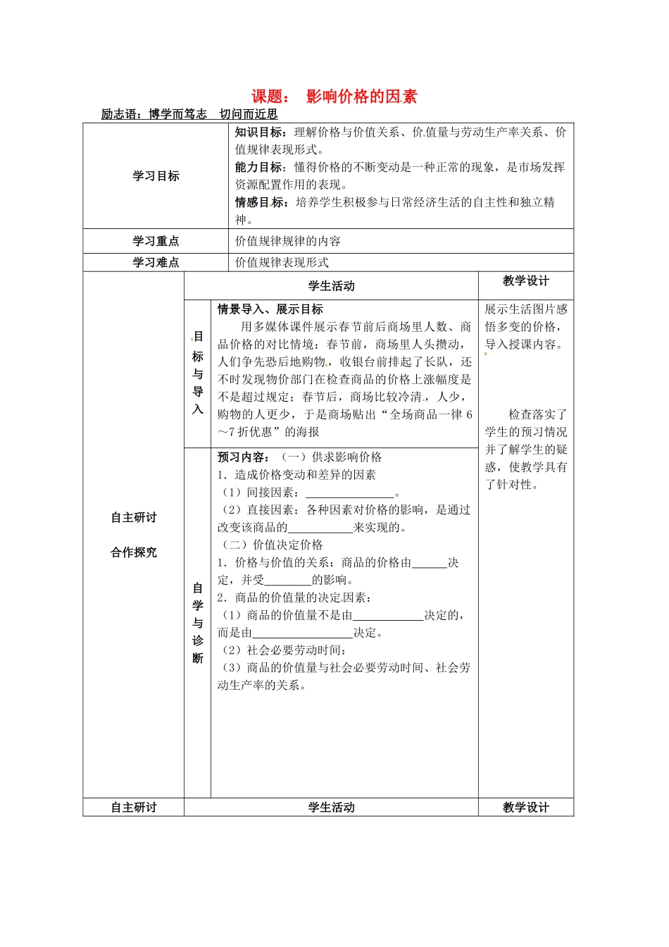 高中政治《第二课 第一框 影响价格的因素》学案 新人教版必修1-新人教版高一必修1政治学案_第1页
