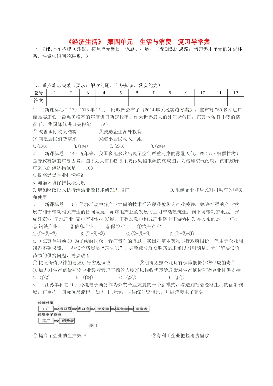 高中政治《经济生活》第四单元 生活与消费复习学案 新人教版必修1-新人教版高一必修1政治学案_第1页