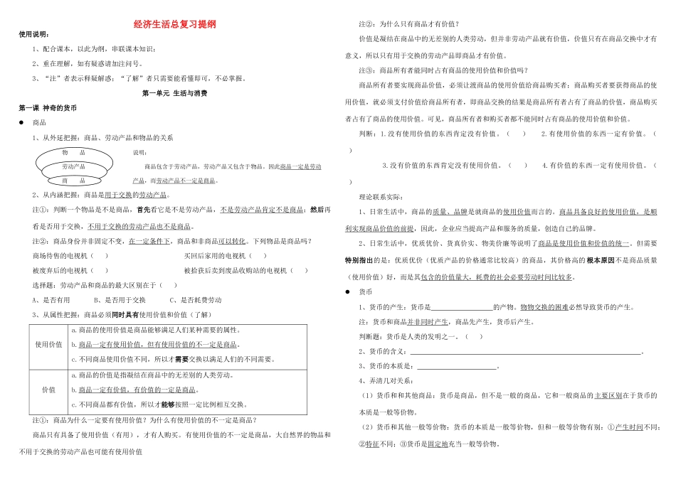 高中政治 经济生活复习提纲新课程素材 新人教版必修1_第1页