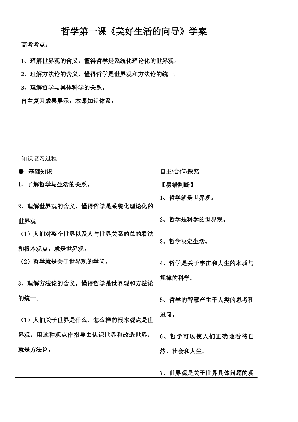 高中政治哲学第一课《美好生活的向导》教学案及练习人教版必修四_第1页