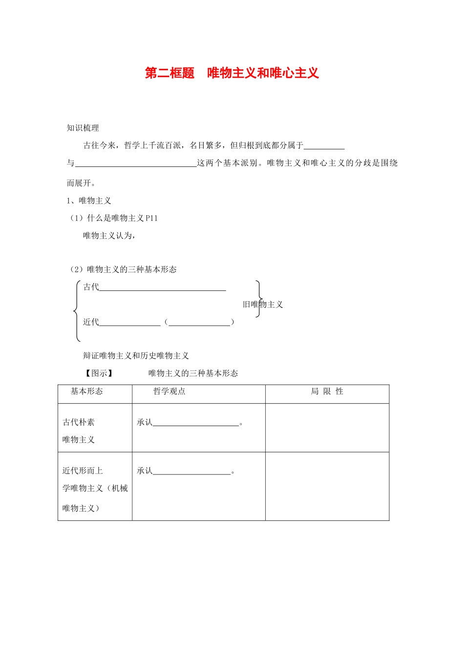 高中政治：1.2.2 唯物主义和唯心主义 学案（新人教版必修4）_第1页