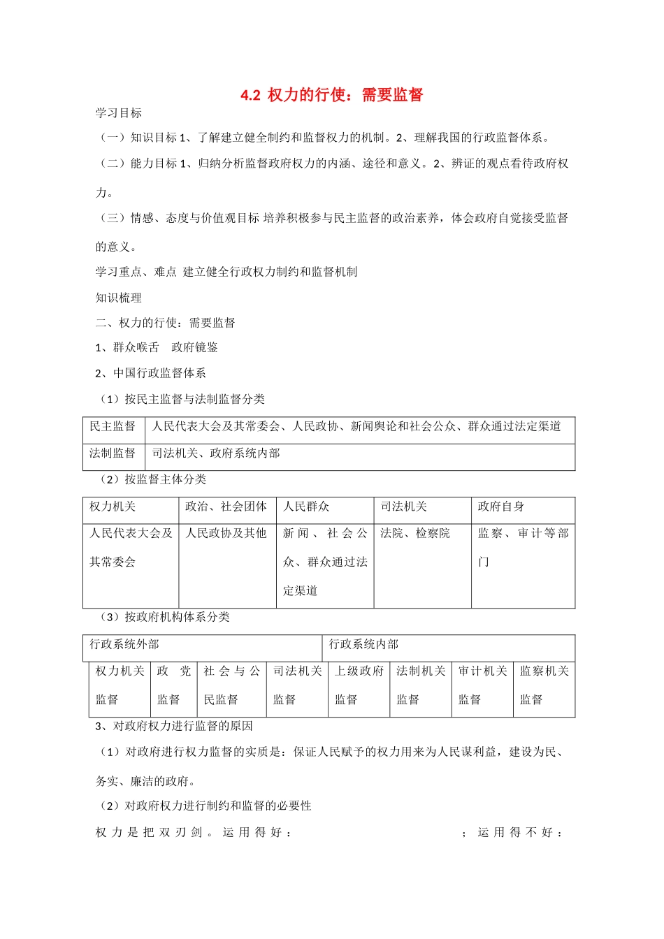 高中政治：2.4.2《权力的行使：需要监督》学案（3）（新人教版必修2）_第1页