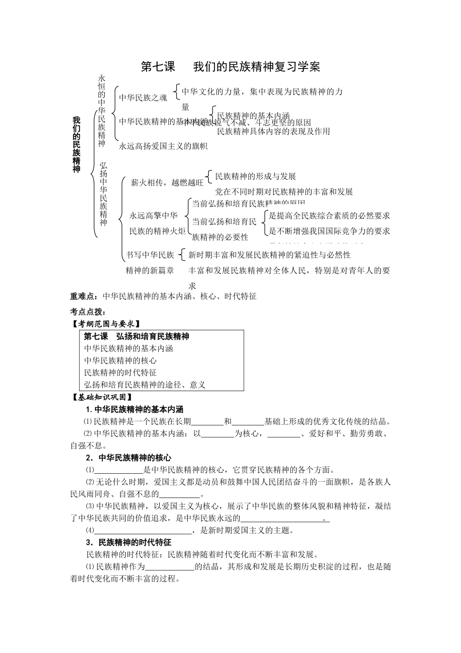 高中政治文化生活第七课复习   我们的民族精神复习学案_第1页
