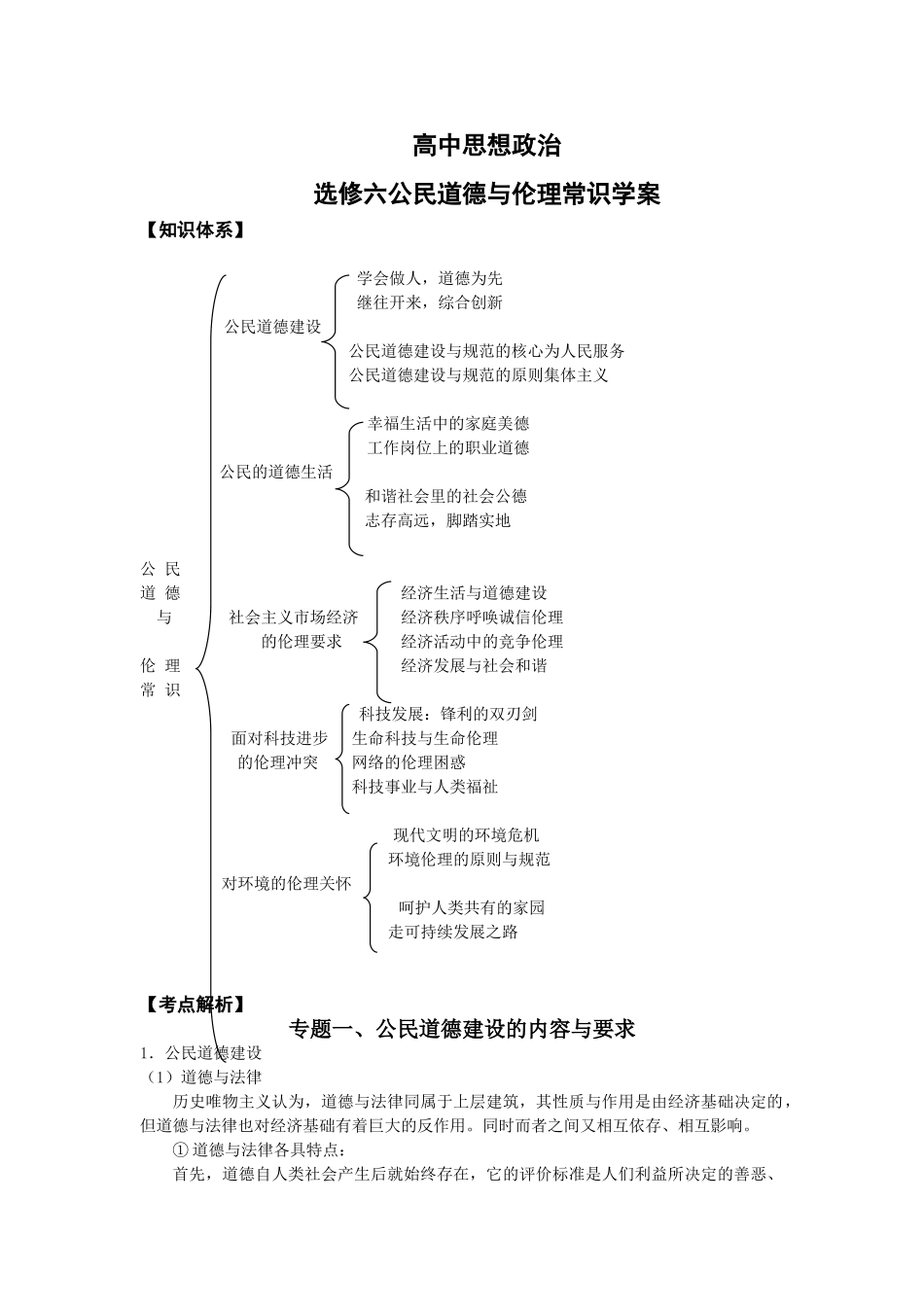 高中政治选修六公民道德与伦理常识学案_第1页