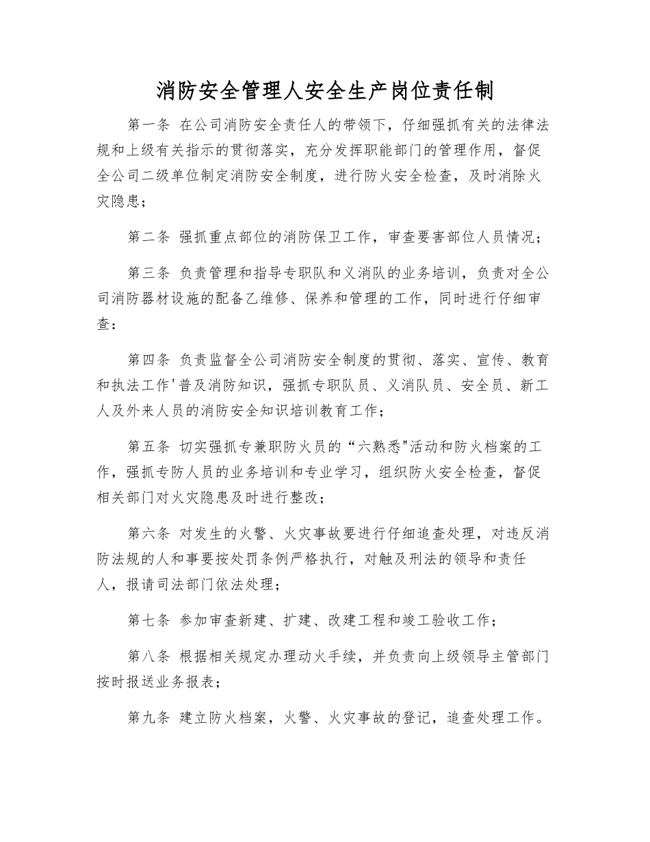 消防安全管理人安全生产岗位责任制_第1页