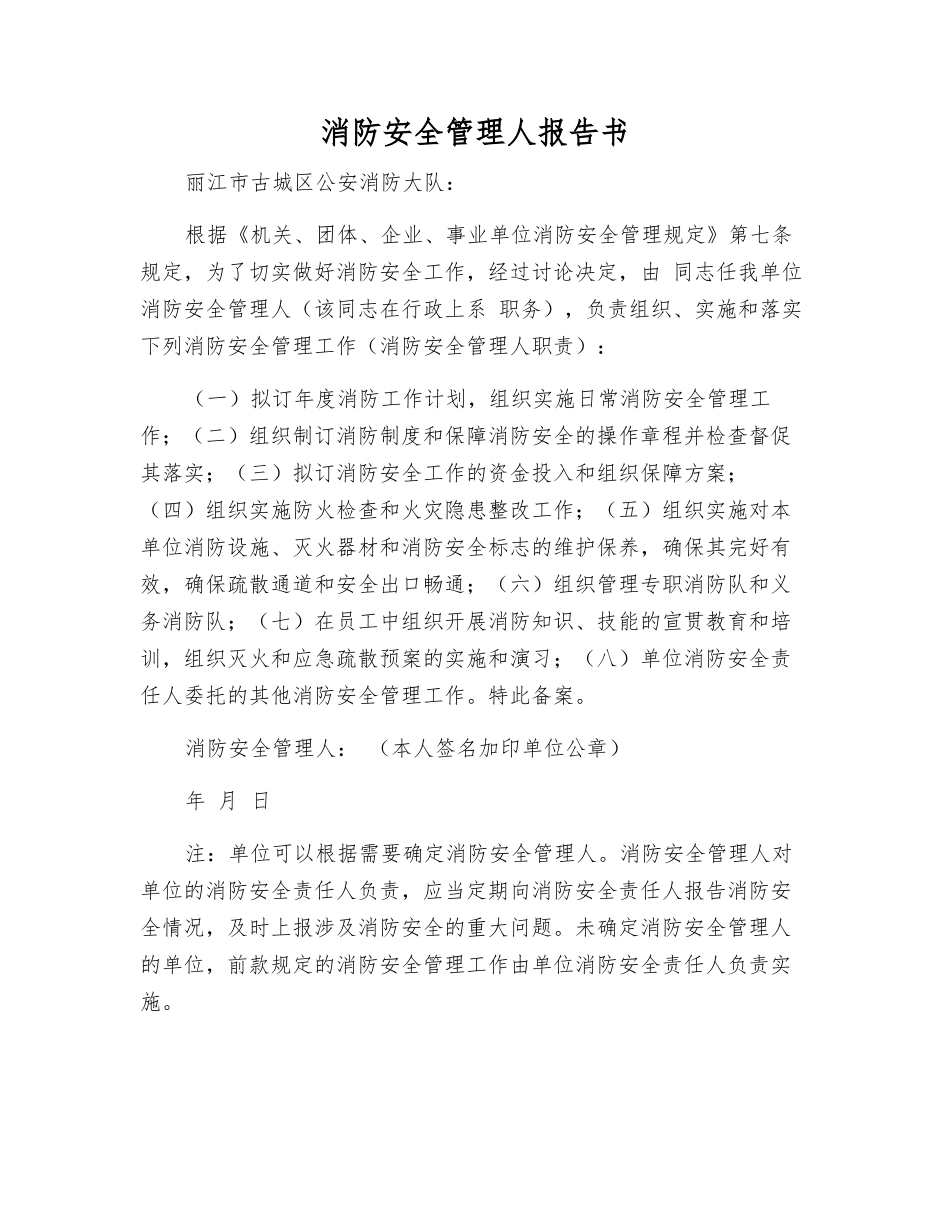 消防安全管理人报告书_第1页