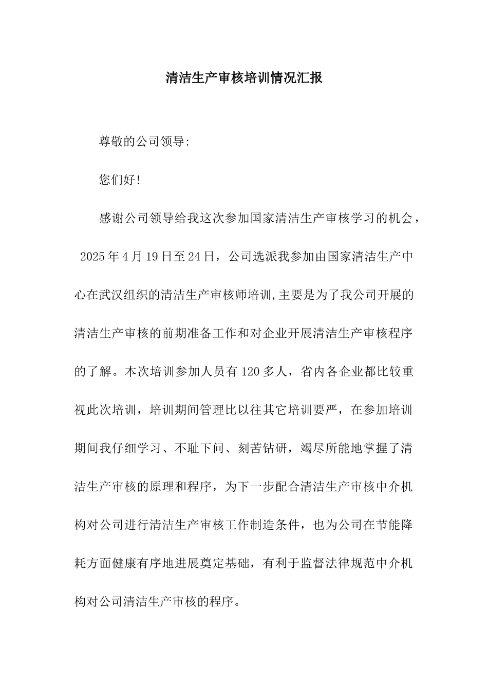 清洁生产审核培训情况汇报_第1页