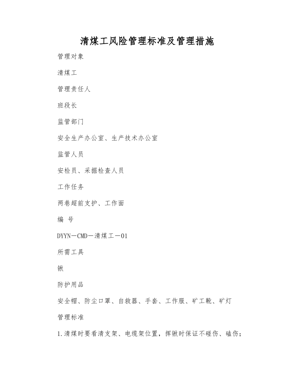 清煤工风险管理标准及管理措施_第1页