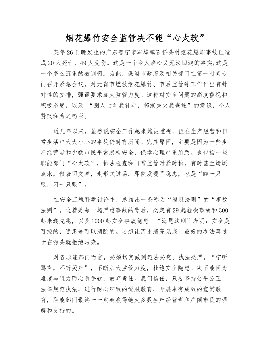 烟花爆竹安全监管决不能“心太软”_第1页