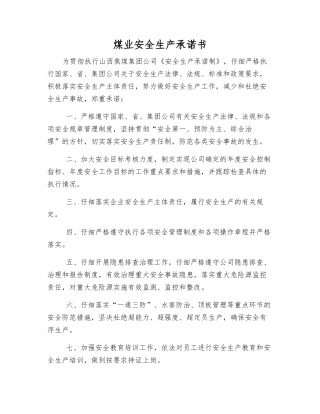 煤业安全生产承诺书
