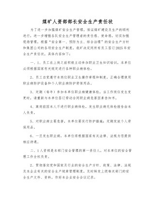 煤矿人资部部长安全生产责任状