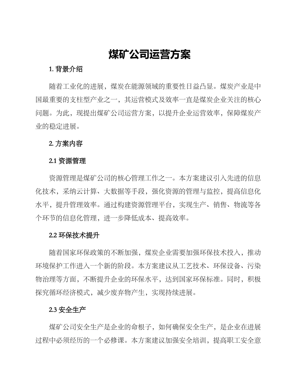 煤矿公司运营方案_第1页