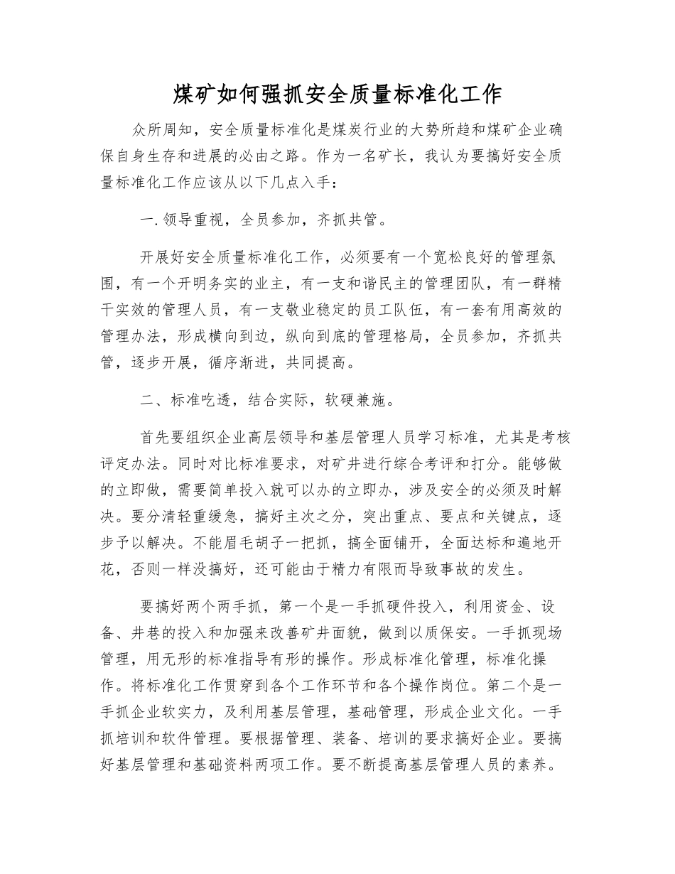 煤矿如何抓好安全质量标准化工作_第1页