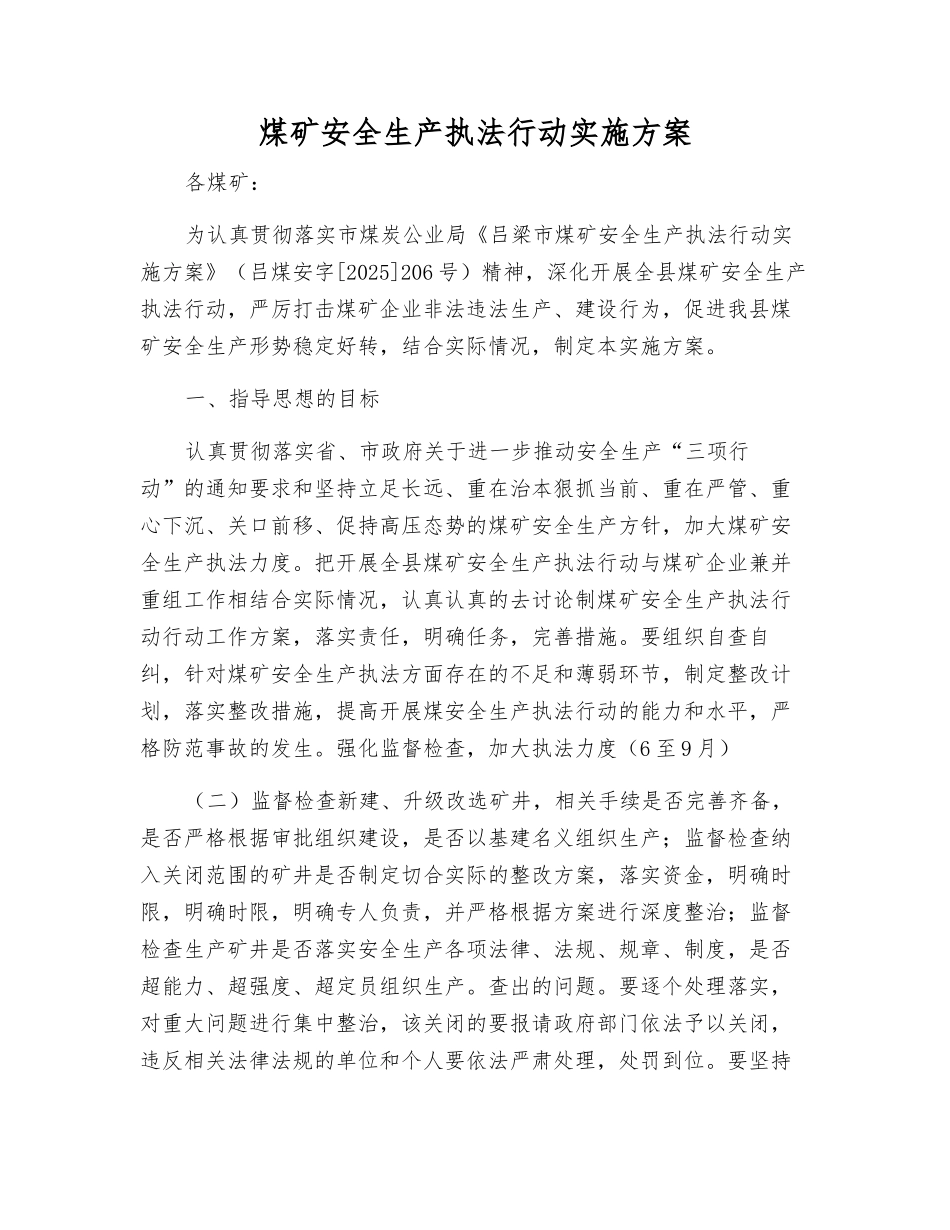 煤矿安全生产执法行动实施方案_第1页