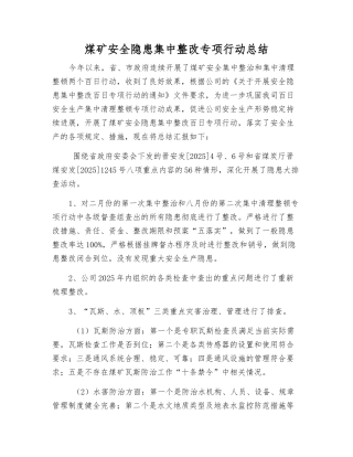 煤矿安全隐患集中整改专项行动总结
