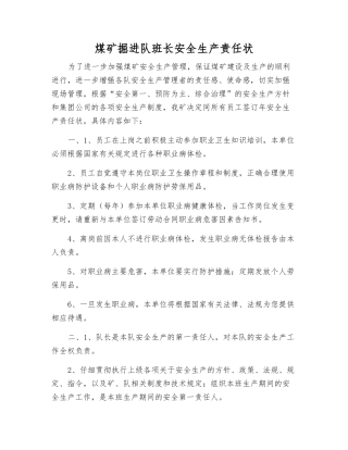 煤矿掘进队班长安全生产责任状