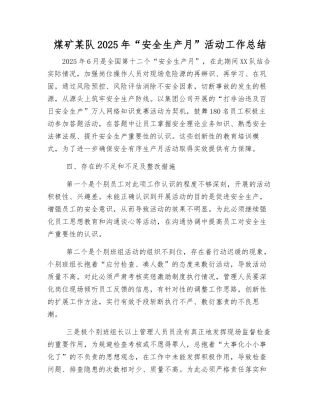 煤矿某队2025年“安全生产月”活动工作总结