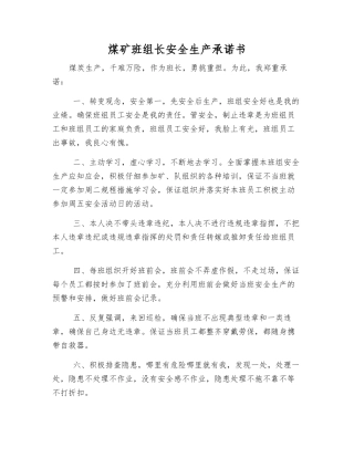 煤矿班组长安全生产承诺书