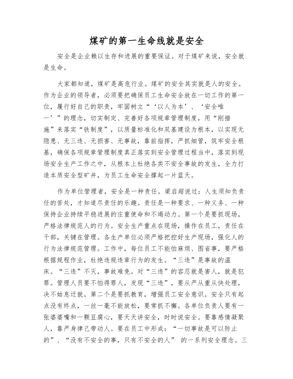 煤矿的第一生命线就是安全_第1页