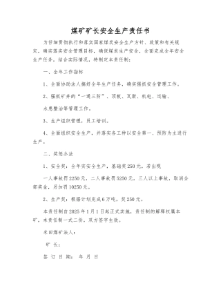 煤矿矿长安全生产责任书