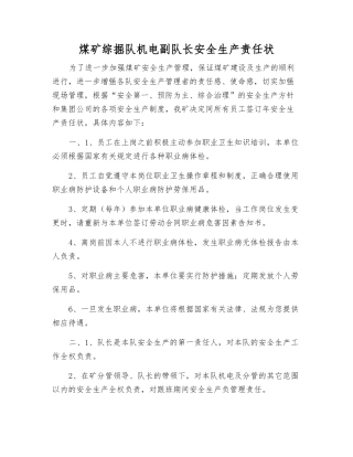 煤矿综掘队机电副队长安全生产责任状