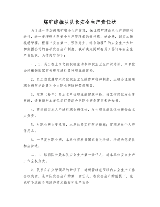 煤矿综掘队队长安全生产责任状