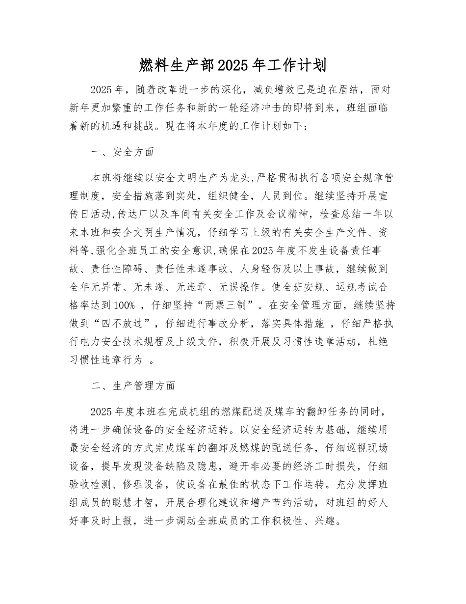 燃料生产部2025年工作计划_第1页