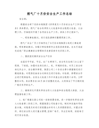燃气厂十月份安全生产工作总结