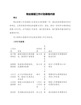 物业客服工作计划表格内容