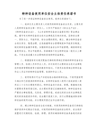 特种设备使用单位安全主体责任承诺书