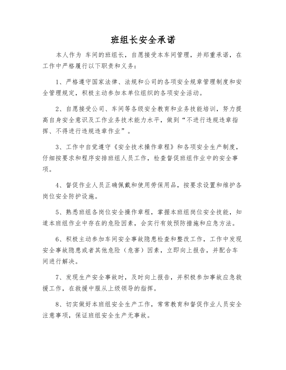 班组长安全承诺_第1页