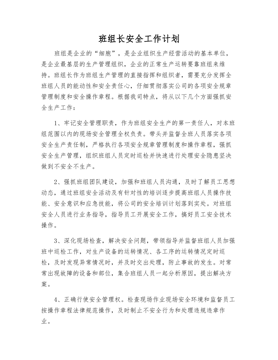 班组长安全工作计划_第1页