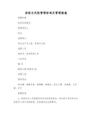 班组长风险管理标准及管理措施