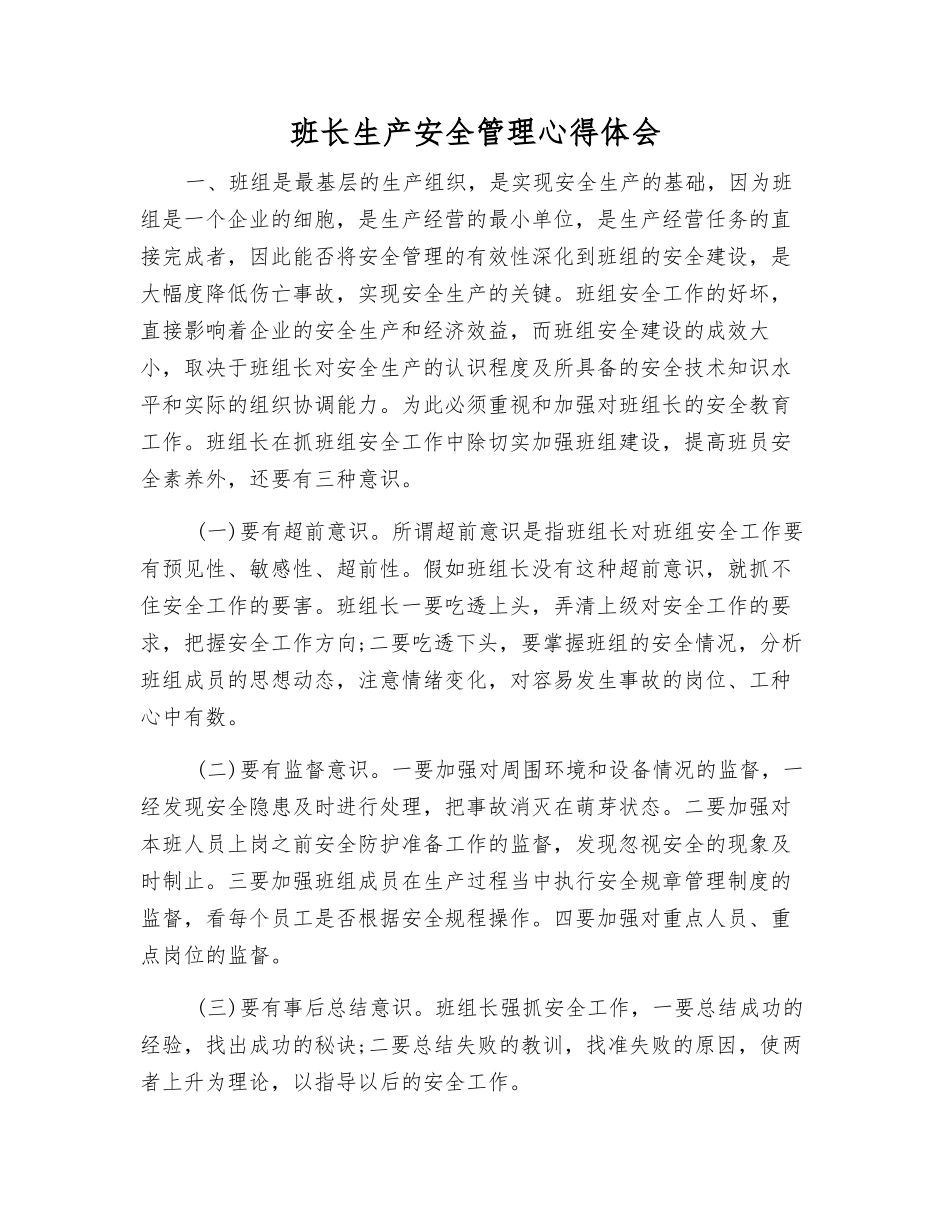 班长生产安全管理心得体会_第1页