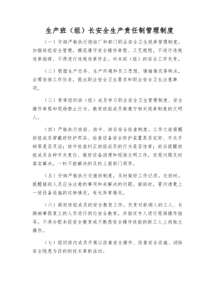 生产班长安全生产责任制管理制度
