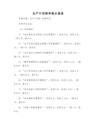 生产计划部考核分值表