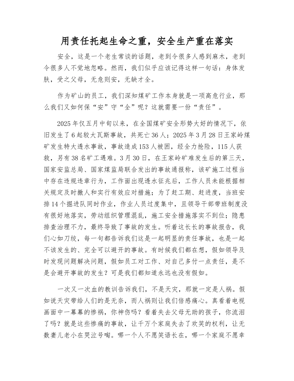 用责任托起生命之重-安全生产重在落实_第1页