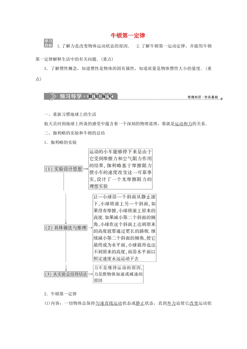 高中物理 第5章 研究力和运动的关系 1 牛顿第一定律学案 沪科版必修1-沪科版高中必修1物理学案_第1页