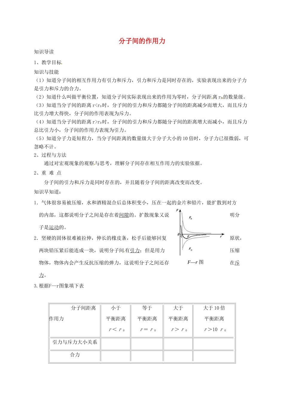 高中物理 分子间的作用力教案 新人教版-新人教版高中全册物理教案_第1页